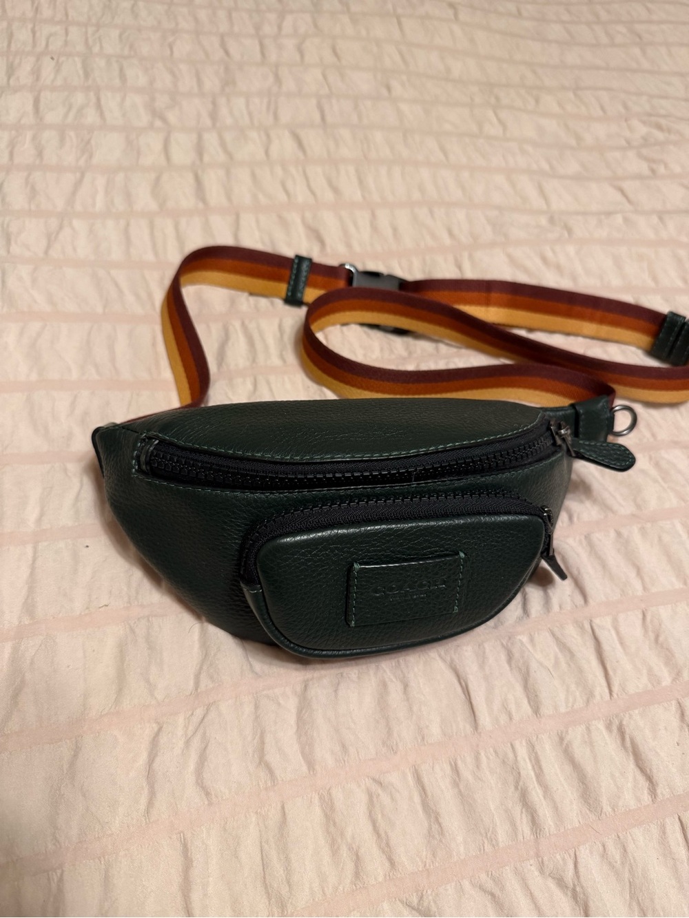 Coach Dark Green Leather Men's Belt Bag with Striped Strap - Picture 2 of 4